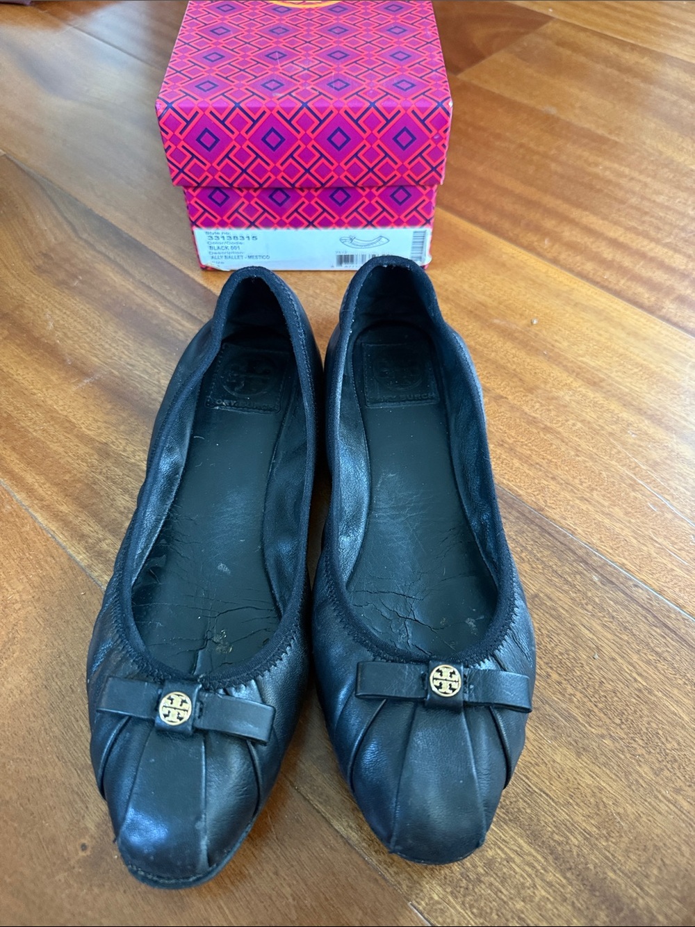 Tory Burch Black Leather Bow Ballet Flats with Gold Logo